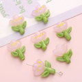 Pink tulip glass bead for DIY jewelry making with floral charm and green leaf - 1 Piece (18x22mm) / Pink
