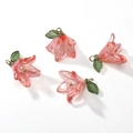 Pink lily acrylic flower pendant with pearl and green leaf for DIY jewelry making - 16x17mm (Hole 2mm) 2 Pieces/Pack / Red