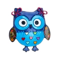 Creative cartoon owl brooch with blue enamel and colorful heart pattern on white background - Blue Heart Owl (JBSW323)
