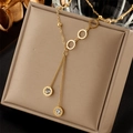 Elegant gold titanium steel necklace with Roman numeral rings and white zircon tassels - Roman Numeral Ring Zirconia (N1744)