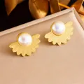 Elegant gold fan-shaped pearl earrings with retro leaf vein texture for women - Stud Earrings (E5859)
