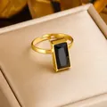 Adjustable gold plated stainless steel ring with faceted rectangular black stone inlay - Rectangular Faceted Black Gem Style (R460)