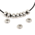 Polished silver stainless steel beads for DIY jewelry displayed on black leather cord - 8x4mm Spacer Bead (2.5mm Hole) (20 Pieces/Pack)