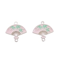 Ciondolo a ventaglio in smalto rosa con motivi di bambù verde in finitura argento opaco - 21# Connettore Ventaglio Foglia Di Bambù Rosa (BJI1169) / 1 Pezzo