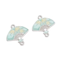 Light green enamel fan-shaped jewelry pendant with bamboo pattern and silver edging - Double Loop Bamboo Leaf Fan Double Sided