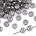 Silver acrylic letter D round beads with black engraving for DIY jewelry making - 4x7mm (50 Pieces/Pack) / Letter D