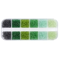 DIY bead kit with 12 compartments containing green and grey gradient glass seed beads - Transparent Gray Green Series