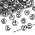 Silver acrylic round letter beads with black letter N for DIY jewelry and necklaces - 4x7mm (50 Pieces/Pack) / Letter N