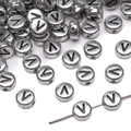 Flat round silver acrylic beads with black letter V for DIY jewelry making - 4x7mm (50 Pieces/Pack) / Letter V