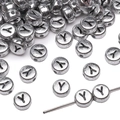 Silver acrylic letter Y bead with black engraving for DIY jewelry necklaces - 4x7mm (50 Pieces/Pack) / Letter Y