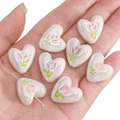 Iridescent heart-shaped beads with pink tulip pattern for DIY jewelry making and crafts - 2 Pieces/Pack (Approx. 2mm Hole) / White - Heart Tulip / 20x19mm