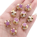 Golden hollow round bells with purple and white enamel flower pattern for DIY jewelry - Purple