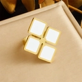 Macro detail of gold-plated stainless steel ring with white square enamel cross pattern - White Square Cross Style (R488)