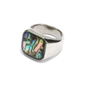 Minimalist square signet ring with iridescent abalone shell inlay in polished steel - US 7 / Silver Abalone Shell