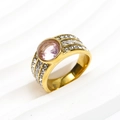 Macro detail of a gold zircon ring with pink gemstone and multiple rows of crystals - Gold Pink