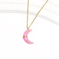18k gold plated stainless steel moon pendant necklace with pink enamel and star pattern - Gold Pink Enamel