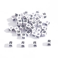 6mm white acrylic cube beads with black letter R for DIY jewelry making and crafts - Letter R