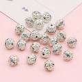 Perle distanziatrici cave in argento con strass AB per creazione di gioielli DIY - Sfera con Zirconi / 10 pezzi/confezione (Diametro 8mm) / Argento Strass Bianco
