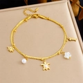 Double-layered gold anklet with sea turtle, starfish, and pearl charms for beach style - Turtle Fish Pearl Double Layer (B1576)