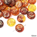 Vintage 18mm amber acrylic beads with gold floral pattern for jewelry making - Flower Flat Round Style (BSD618)