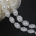 Double-row creamy white ABS pearl bead chain with silver flower frames for DIY craft - Flower Style (BSG16) / 15mm 2m / Beige
