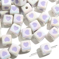 Iridescent acrylic cube bead with purple heart detail for DIY bracelet jewelry making - White Cube Purple Heart
