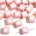 Pink iridescent acrylic cube beads with white heart patterns for DIY jewelry making - Pink Cube White Heart