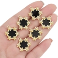 Golden flower charms with black centers and mini pearls for DIY jewelry making - Round Wreath / Black & Gold