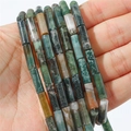 Moss agate cylindrical tube beads for handmade jewelry making and necklace design - Tube Style / Natural Indian Agate