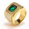 Luxe herenring in goud met rechthoekige smaragdgroene steen en zijdelingse diamanten - Goud Groen