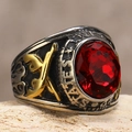 Punk style stainless steel ring with large red stone and golden cross sword reliefs - US 7 / Gold & Silver