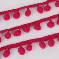 Magenta pink pom pom trim with woven ribbon for DIY sewing and clothing accessories - Width 20mm Ball Diameter 10mm / Rose Red
