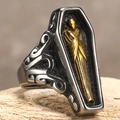 Gothic punk coffin ring in vintage titanium steel with a detailed golden mummy figure - US 7 / Two-tone Gold
