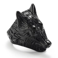 Vintage gothic wolf head ring in black stainless steel with realistic carved fur texture - Size 7 / Black
