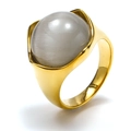 Close-up of wide gold-plated stainless steel ring featuring a large grey cat-eye stone - Gold White Cat Eye Stone