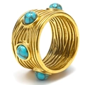 Macro detail of wide gold plated ring with textured lines and turquoise stone inlays - US 7 / Gold Turquoise