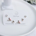 Detailed set of three 925 silver post earrings with pink enamel birds and pearls - Bird Branch Pattern
