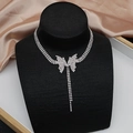 Close-up of sparkling rhinestone butterfly choker with long tassels on a black neck bust - Full Zirconia Butterfly Necklace