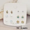 Exquisite 6-pair gold plated earring set with pearls and floral designs on display card - Style 7 (Leaf and Ladybug)