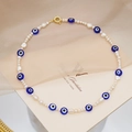 Collar de perlas barrocas con cuentas de ojo azul y cierre de langosta dorado - Estilo de Ojo de Demonio Azul