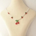 Handmade cherry blossom beaded necklace with red crystal fruit on white beaded chain - Transparent Crystal Cherry Necklace