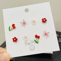 Cute set of four pairs of 925 silver stud earrings featuring cherry and butterfly designs - Butterfly Flower Tulip Set / Red