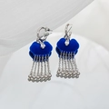 Detail of royal blue flocked tassel earrings with silver chains and sparkling zircon - Blue Zirconia Silver Post White Gold Plated (B Style) / Blue