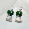 Close-up of green flocked lock earrings with zircon stone and silver chain tassels - Green Zirconia Silver Post White Gold Plated (C Style) / Green