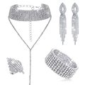 Sparkling silver rhinestone jewelry set with choker, necklace, earrings, bracelet and ring - Necklace, Earrings, Bracelet & Ring Set / Silver