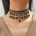 Collier ras du cou élégant en dentelle noire avec perles de cristal pour robe de soirée femme - Style Maille Dentelle Noire avec Franges Perlées Double Couche (JXJL21021)