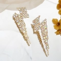 Dramatic gold lightning bolt earrings with iridescent rhinestones for evening party wear - Rainbow Lightning (JXER-37 AB)
