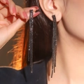 Elegant long black rhinestone tassel earrings with multi-layered sparkling crystal fringe - Black