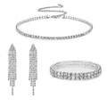 Klassieke zilverkleurige strass ketting set met franje oorbellen en elastische armband - Kwastje 3-Delige Set