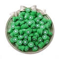Flat lay of kiwi pattern polymer clay beads for DIY jewelry making in a silver tray - 30Pcs Pack / Green Kiwi Style